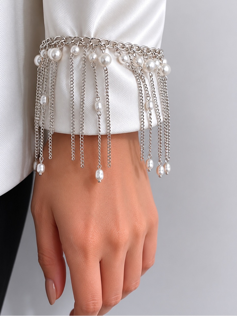 Silver Chain Bracelet with White Pearl Tassels